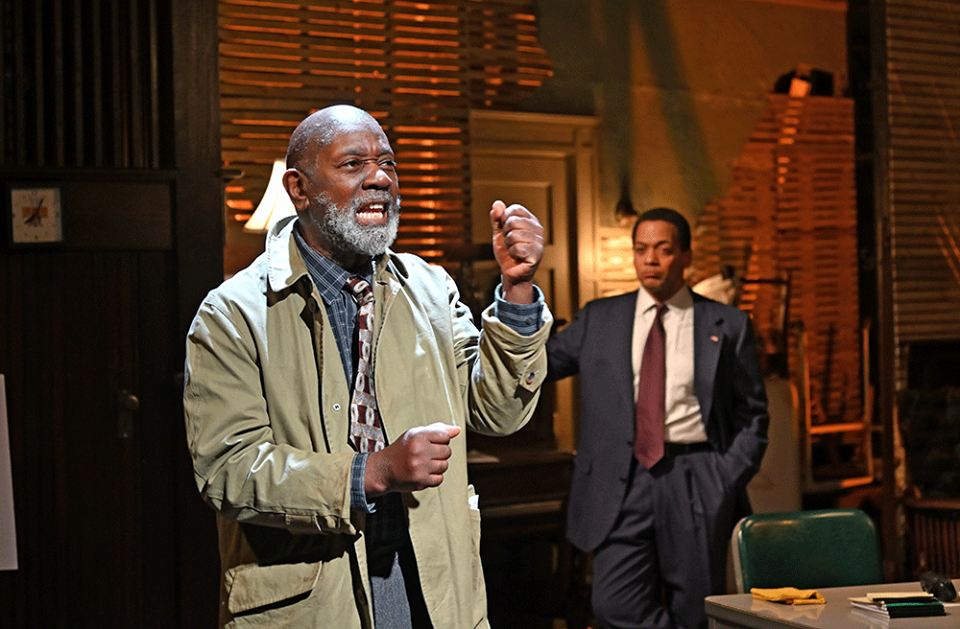 Ricardo Pitts-Wiley as Elder Joseph Barlow and Joe Wilson, Jr. as Harmond Wilks. By August Wilson. Directed by Jude Sandy. Set design by Michael McGarty and Baron E. Pugh, costume design by Yao Chen, lighting design by Amith Chandrashaker and sound design by Larry D. Fowler, Jr. Photo by Mark Turek.