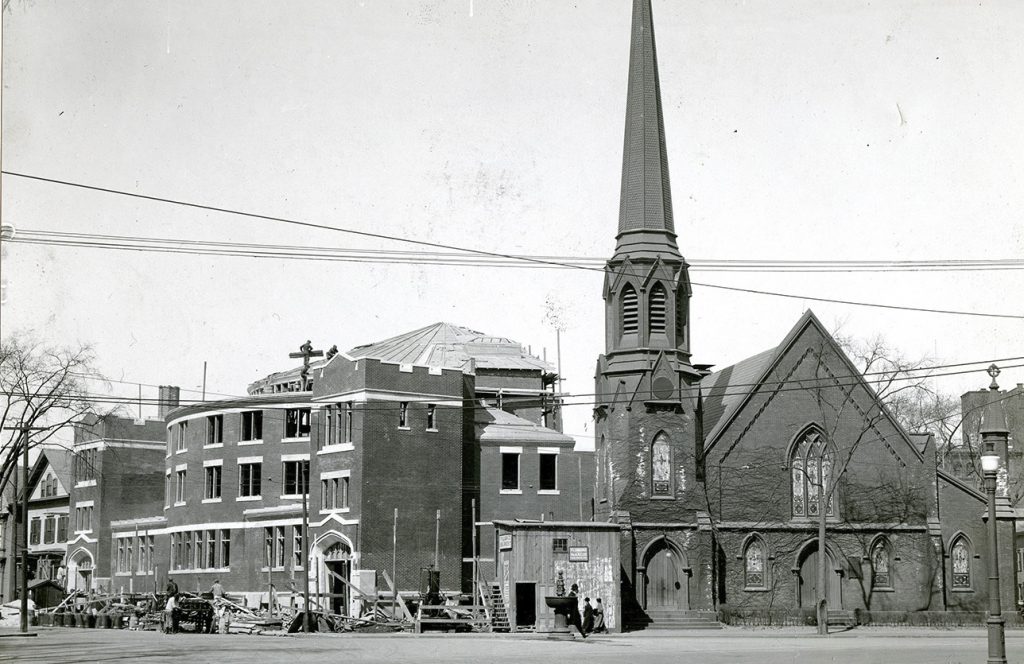 A black and white photo of Trinity United Methodist Church.